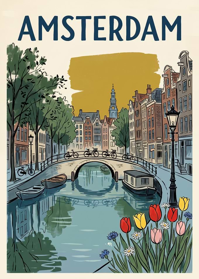Vintage Amsterdam Canal Travel Poster