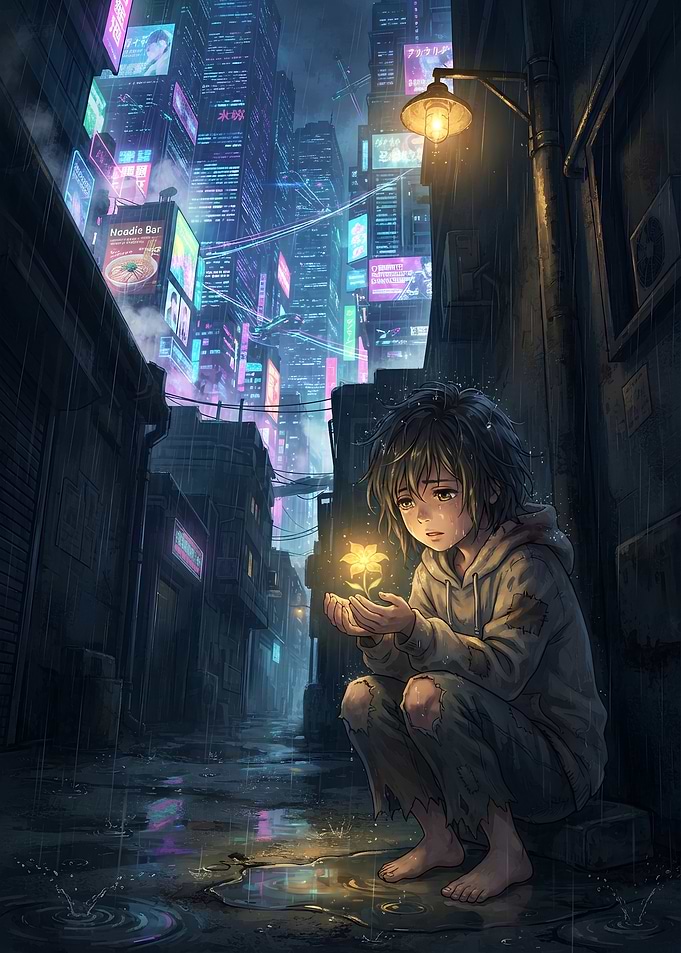 Sad Child Holding Glowing Flower