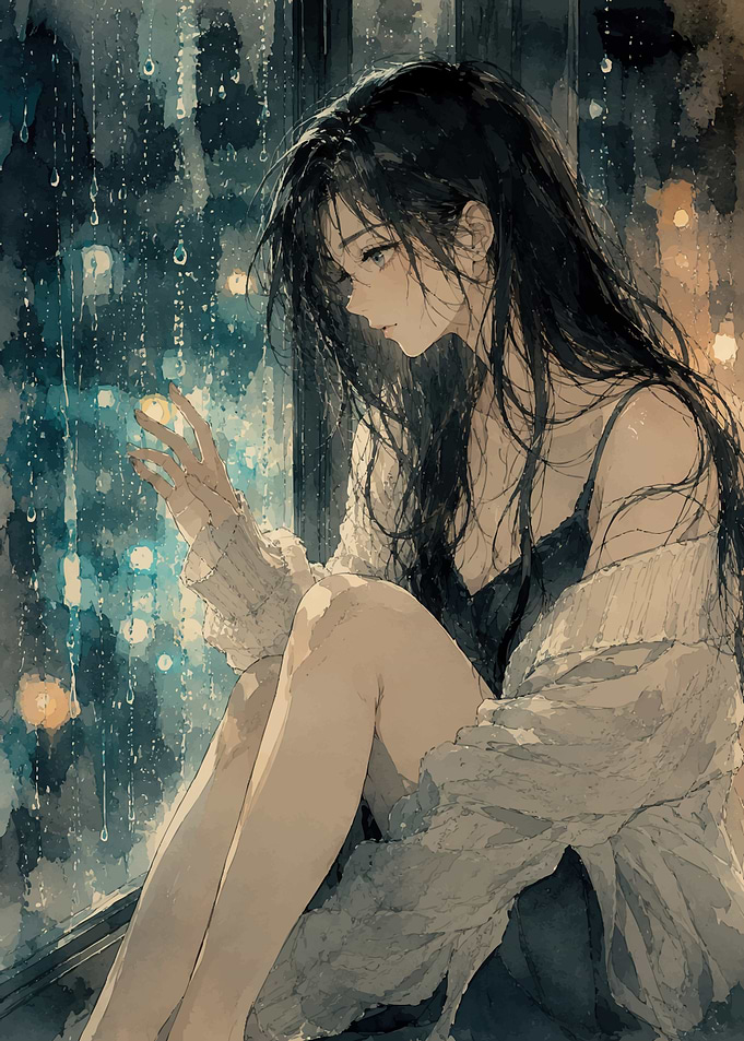 Melancholic Girl by Rainy Window