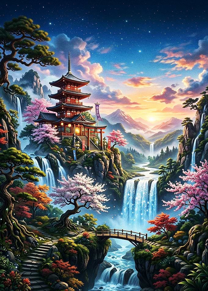 Enchanted Japanese Pagoda Mountain Landscape