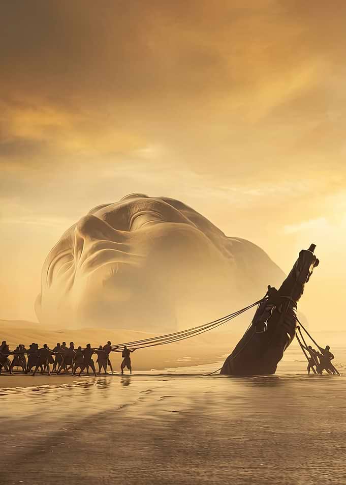 People Pulling Ship Toward Giant Face
