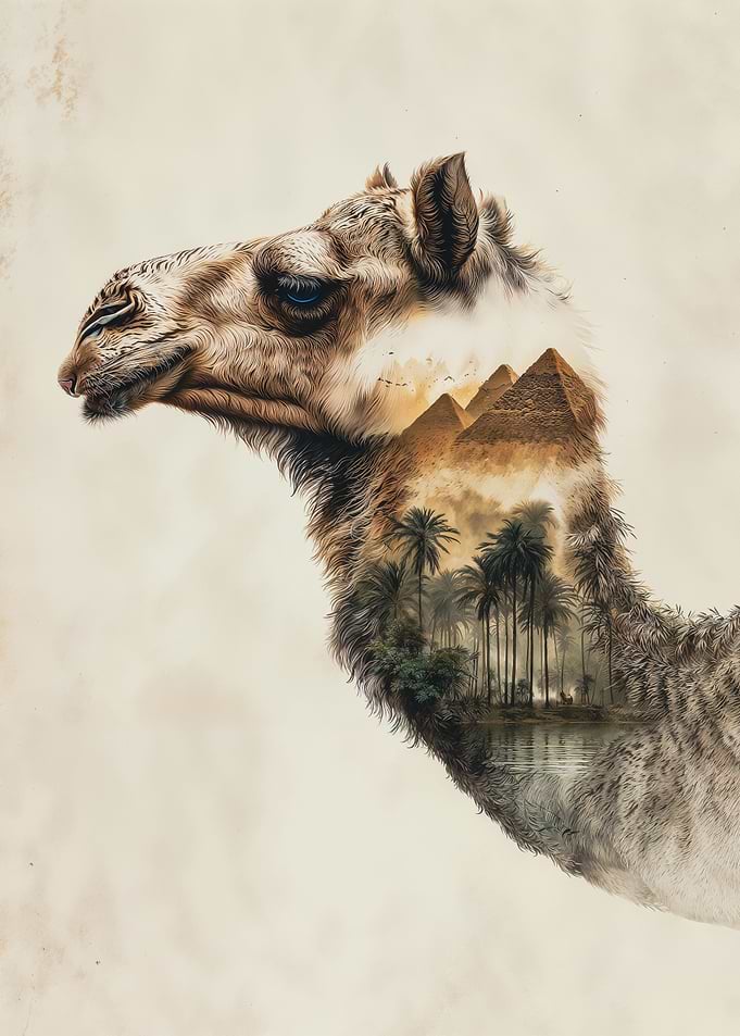 Double Exposure Camel With Egypt Pyramids Landscape