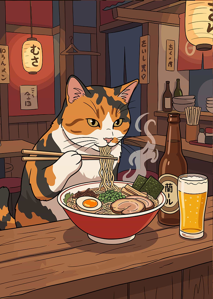 Calico Cat Eating Ramen at Bar