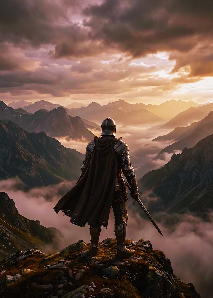 Knight Standing Over Mountain Peaks