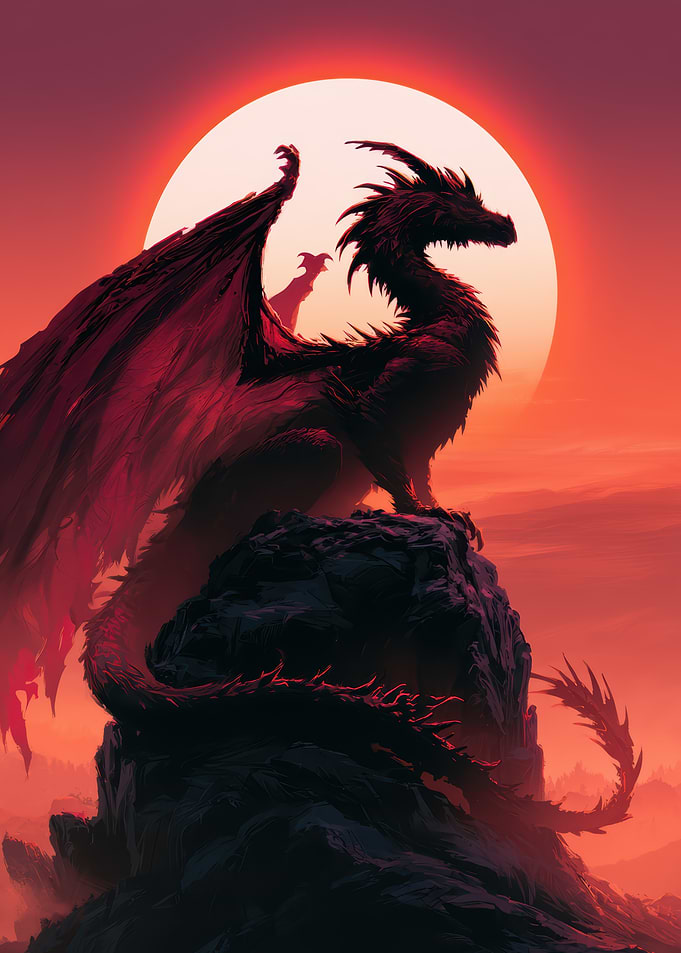 Dragon Perched Before Red Sun