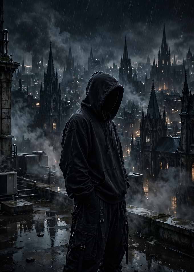 Hooded Figure in Gothic Cityscape