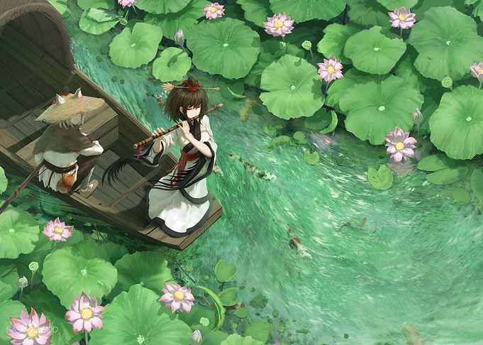 Anime Girl Playing Flute on Boat