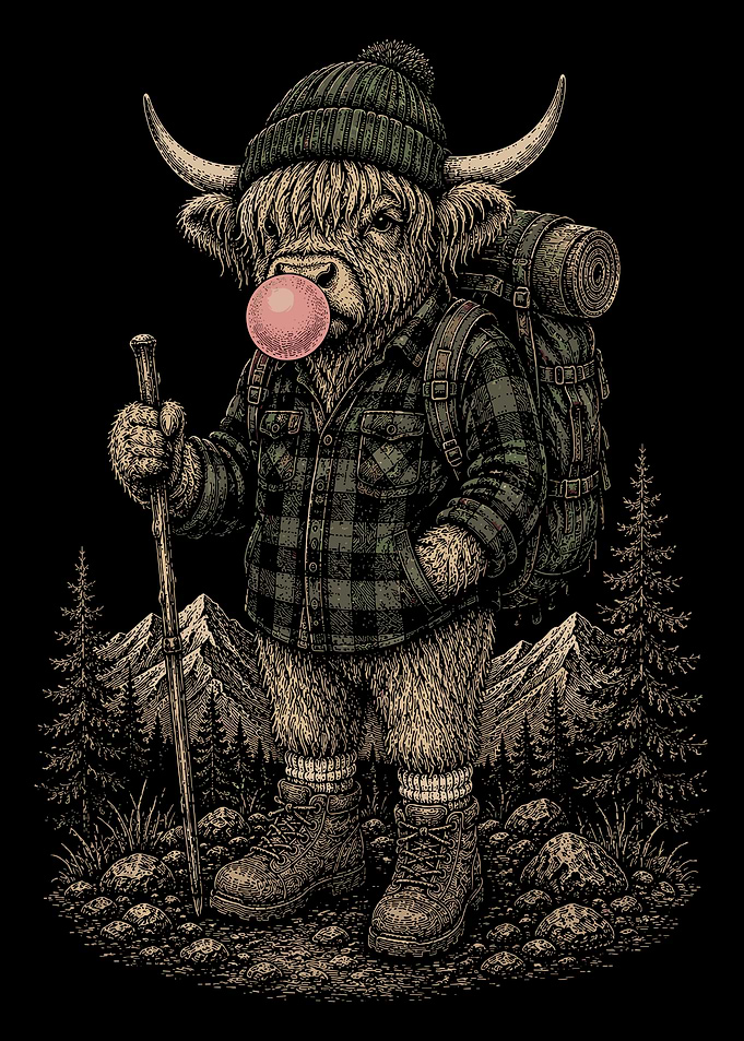 Hiking Highland Cow with Bubblegum