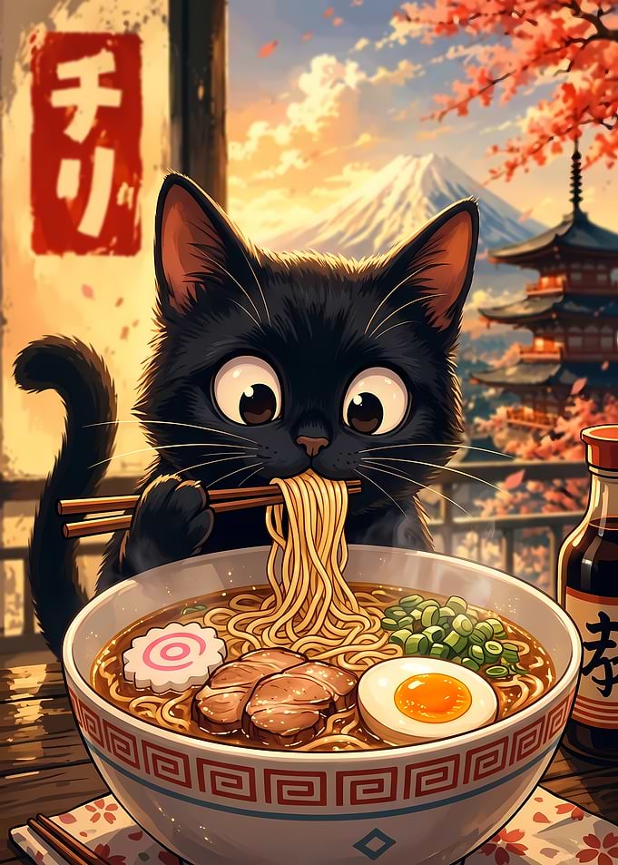 Cute Black Cat Eating Ramen