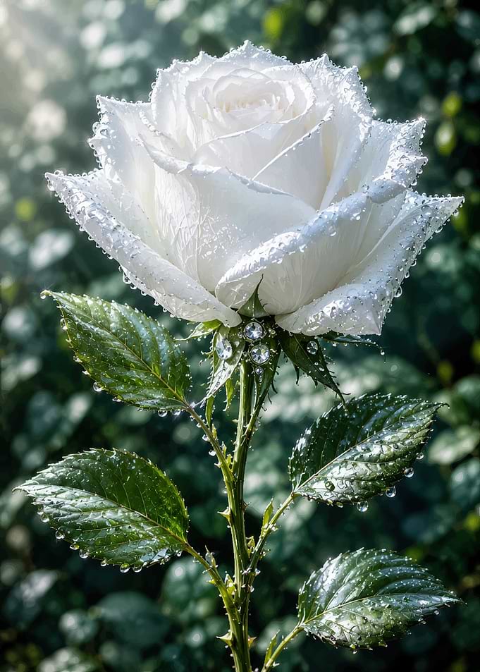 Dew-Covered White Rose with Diamonds