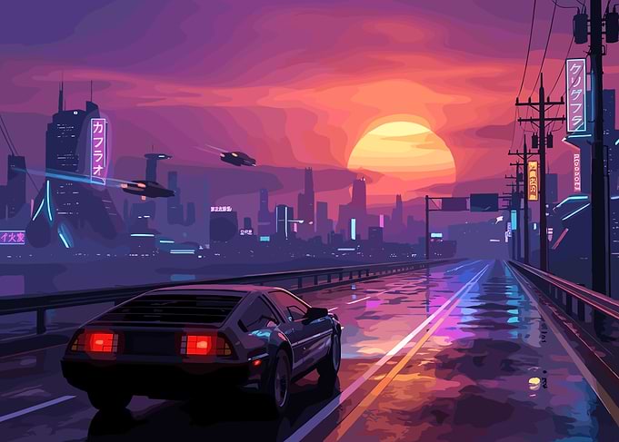 Retro Futuristic DeLorean Cityscape