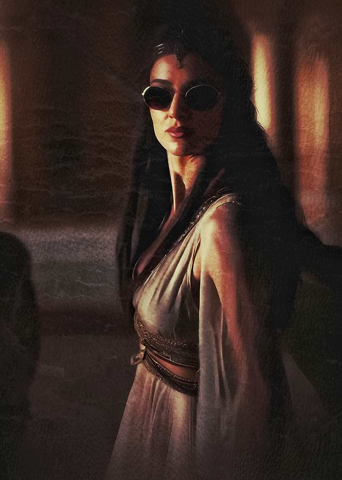 Woman in Ancient Attire with Sunglasses