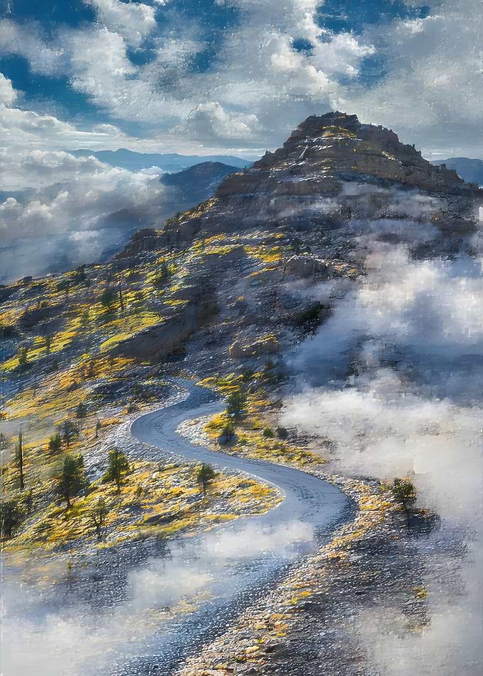 Winding Mountain Road Through Clouds