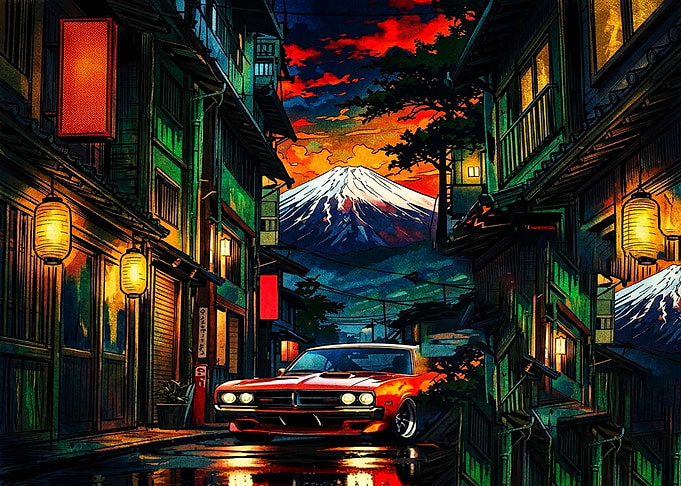 Classic Muscle Car in Japanese Street