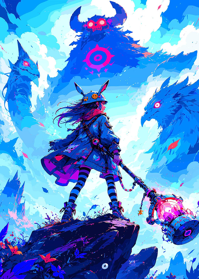 Anime Girl Facing Giant Monsters