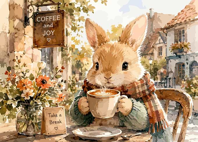 Cute Bunny Drinking Coffee at Cafe