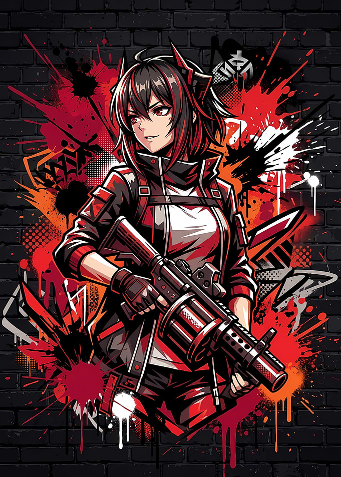 Anime Girl with Weapon Graffiti Art