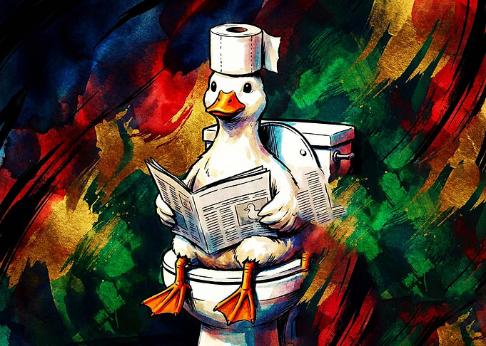 Duck Reading Newspaper on Toilet