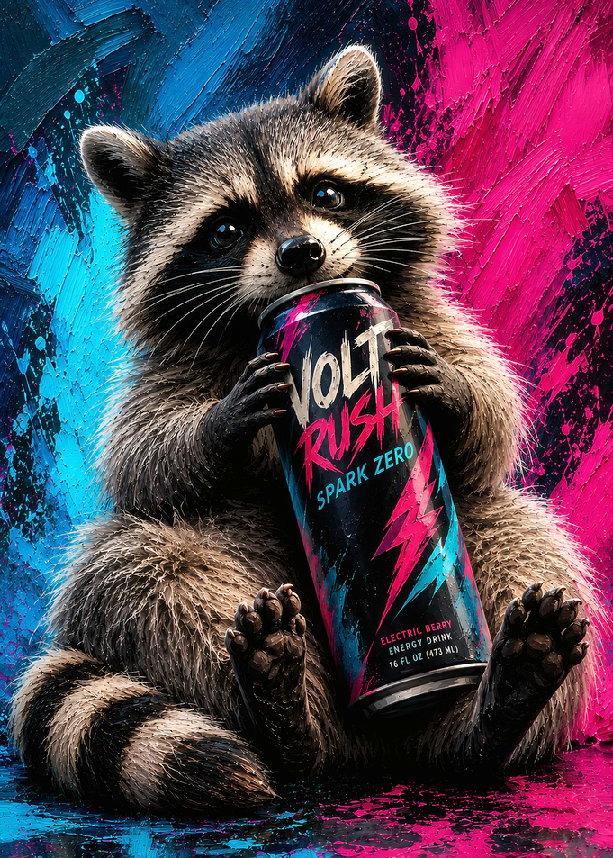 Raccoon Drinking Volt Rush Energy Drink