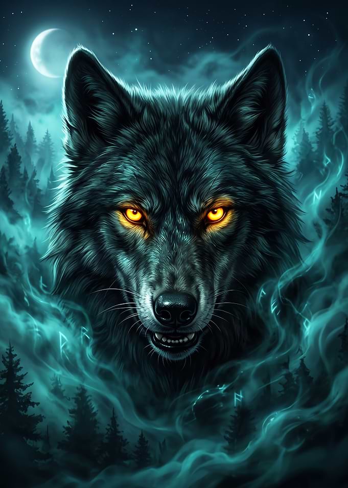 Mystical Glowing Eyed Wolf