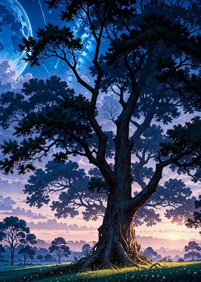 Majestic Ancient Tree Under Starry Sky Landscape