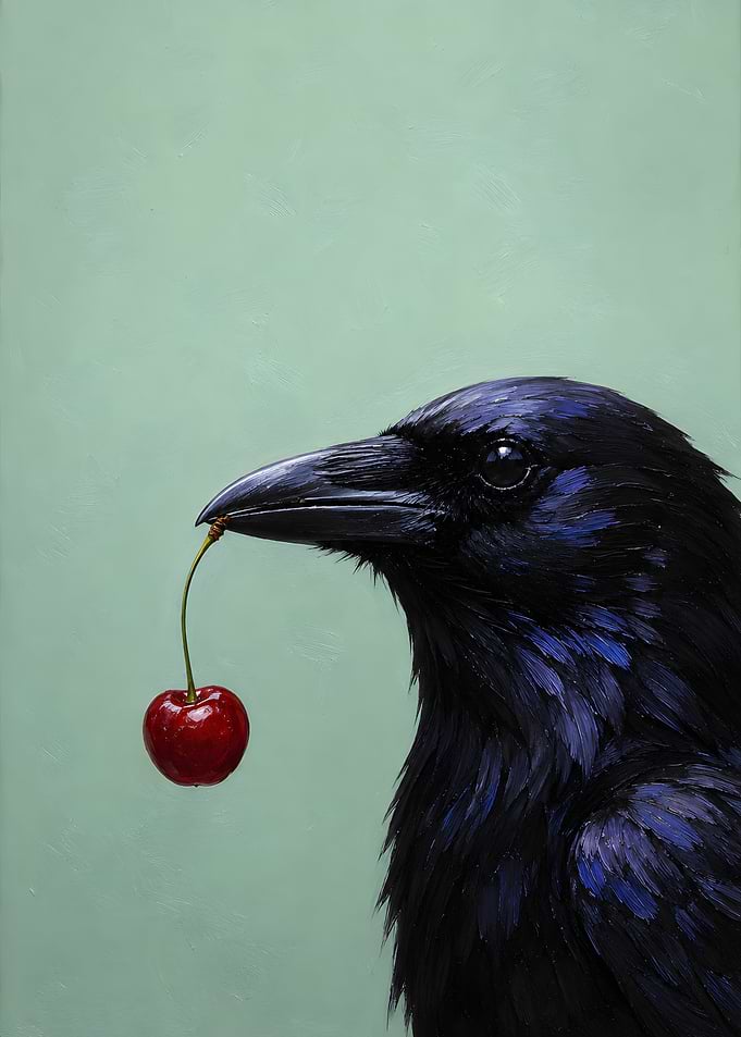 Raven Holding a Single Cherry
