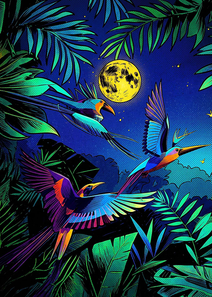 Vibrant Tropical Birds Under Full Moon