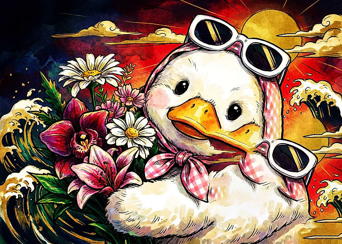 Cute Duck with Flowers and Sunglasses