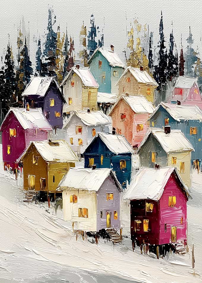 Colorful Winter Village Oil Painting