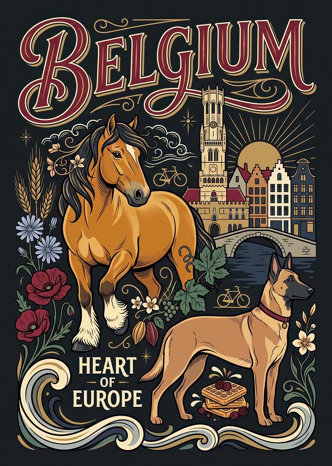 Vintage Belgium Travel Poster Illustration