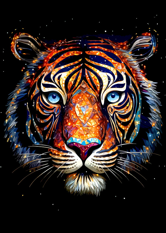 Stunning Gemstone Mosaic Tiger Portrait