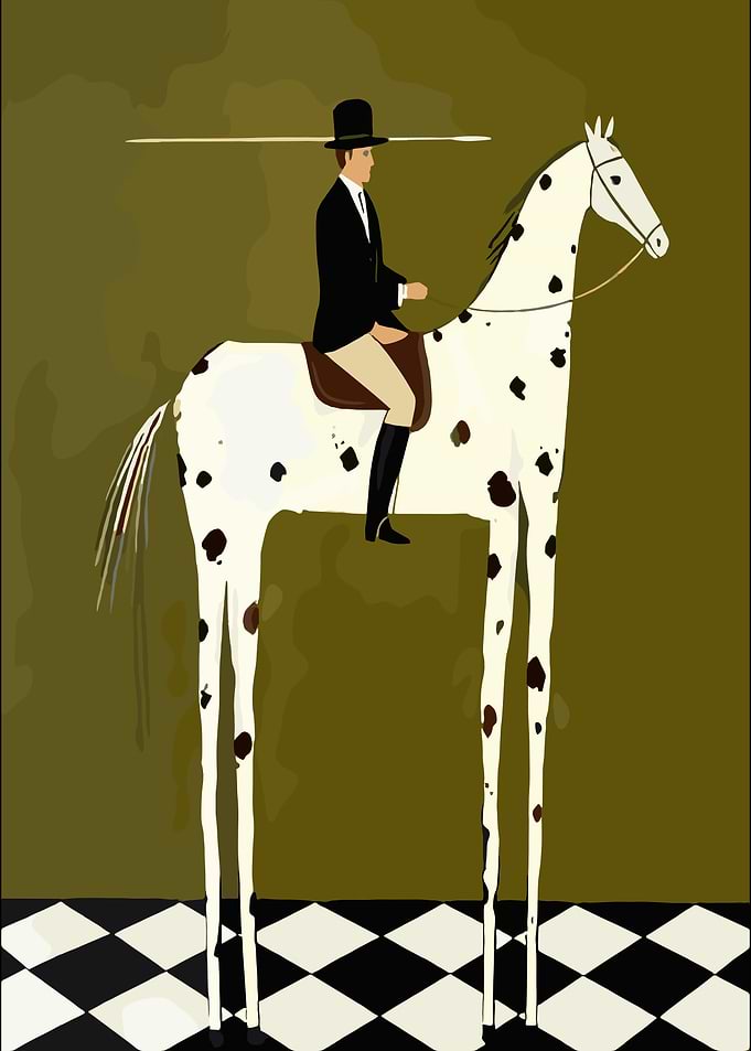 Surreal Gentleman Riding Stilt-Legged Horse