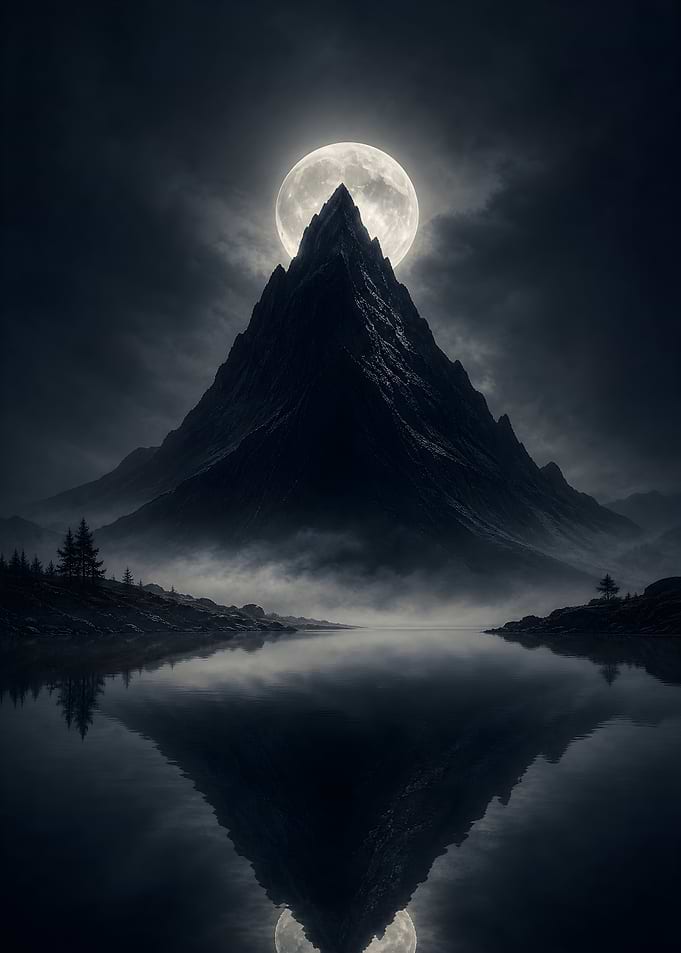 Moonlit Mountain Peak Over Lake