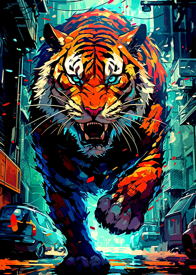 Aggressive Tiger in Neon City Street