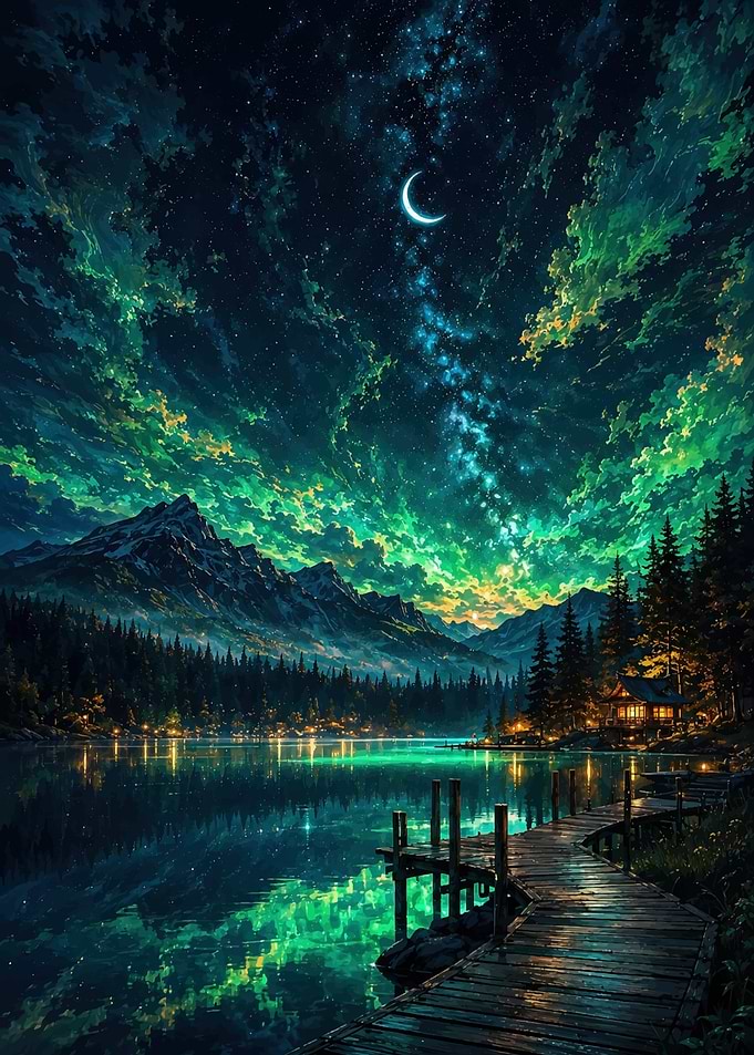 Starlit Mountain Lake Cabin Nightscape