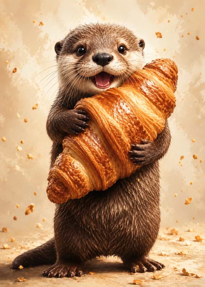 Cute Otter Holding a Large Croissant