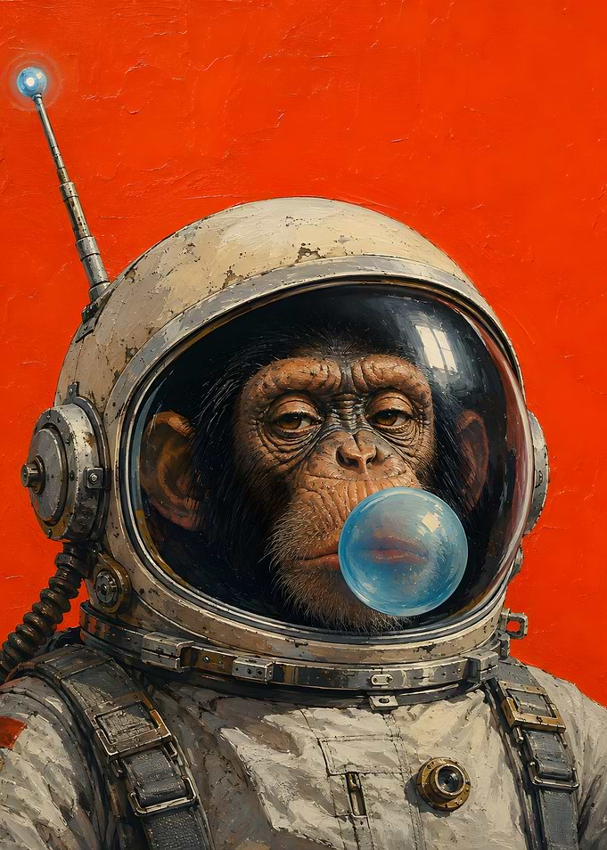 Astronaut Chimpanzee Blowing Bubble Gum
