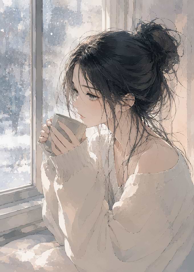 Anime Girl Drinking Coffee by Window