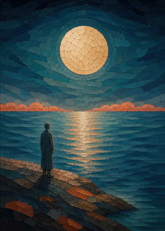 Solitary Figure Watching the Moon