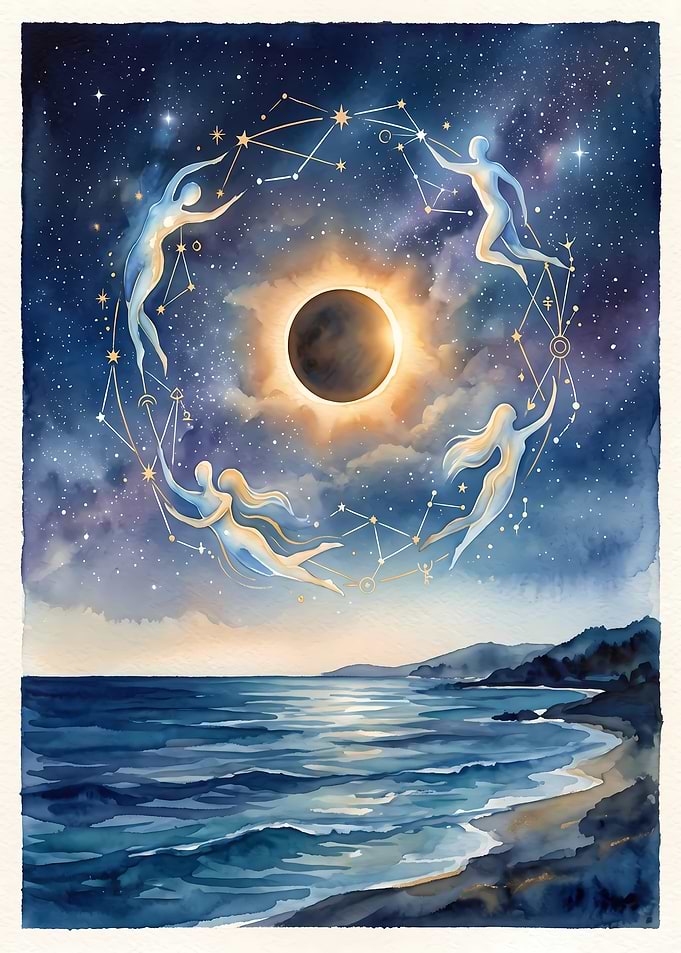 Celestial Figures Dancing Under Solar Eclipse