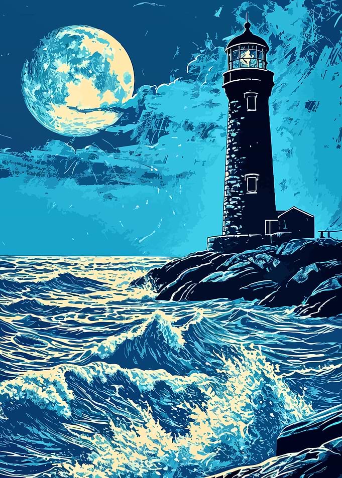 Lighthouse Under a Full Moon