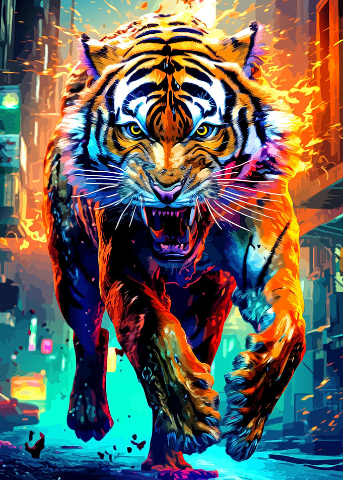 Fierce Tiger Charging Through City Streets
