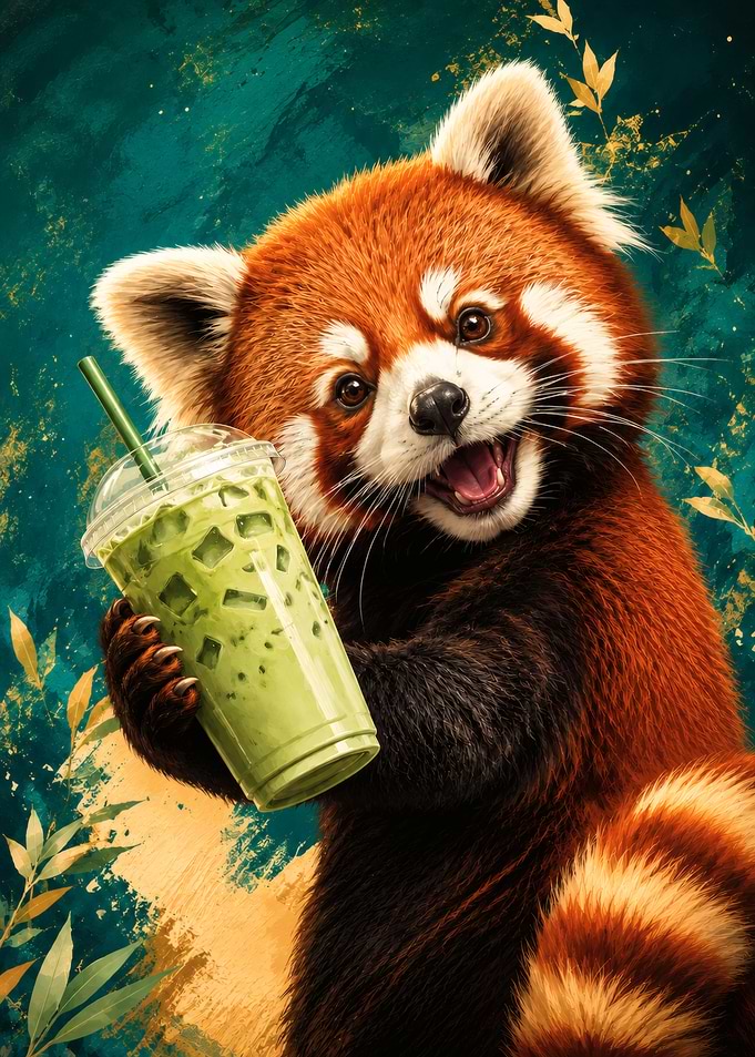 Happy Red Panda with Matcha Drink