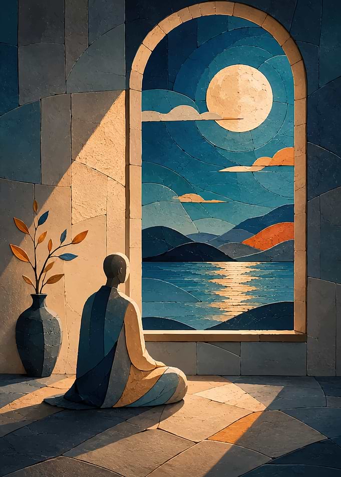 Meditating Monk by Moonlit Window