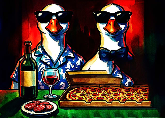 Cool Geese Having Pizza Dinner