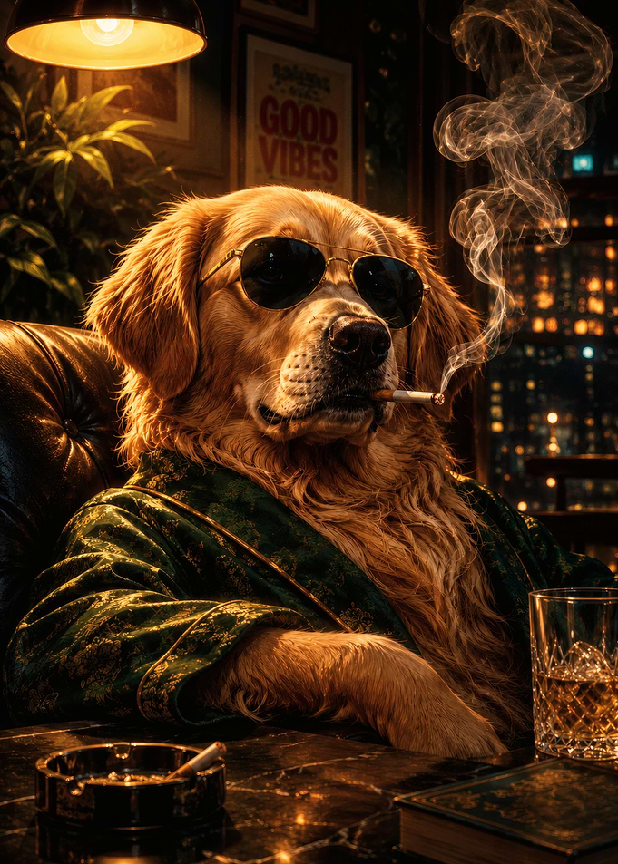 Cool Golden Retriever Smoking in Lounge