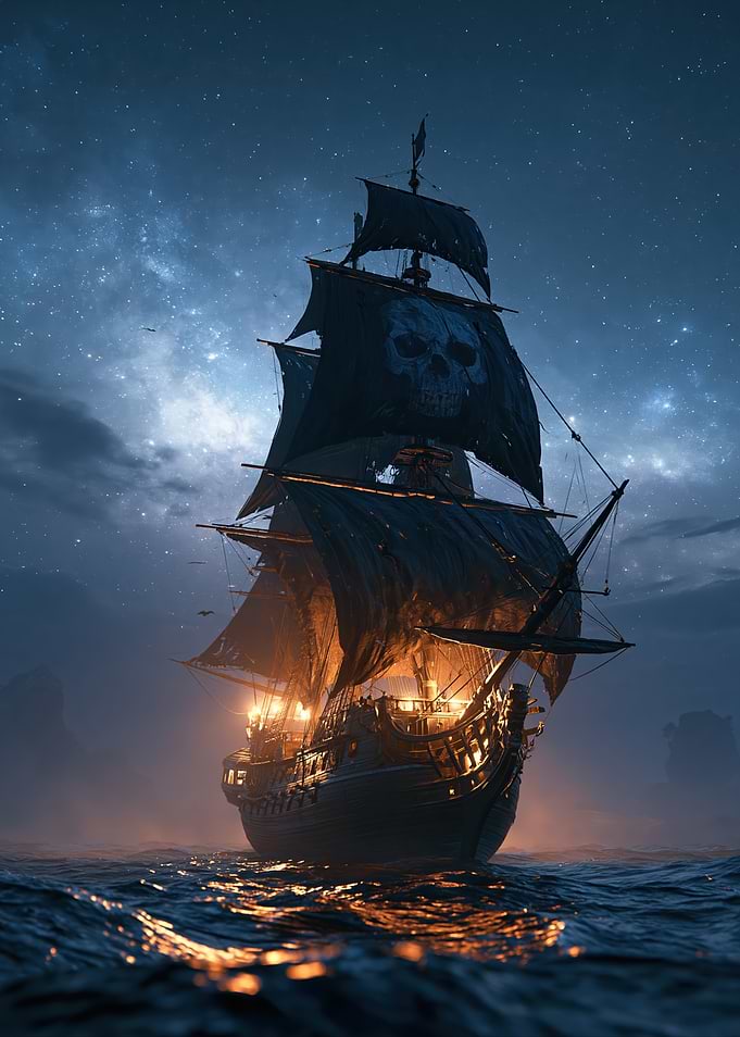 Ghostly Pirate Ship Under Starry Sky