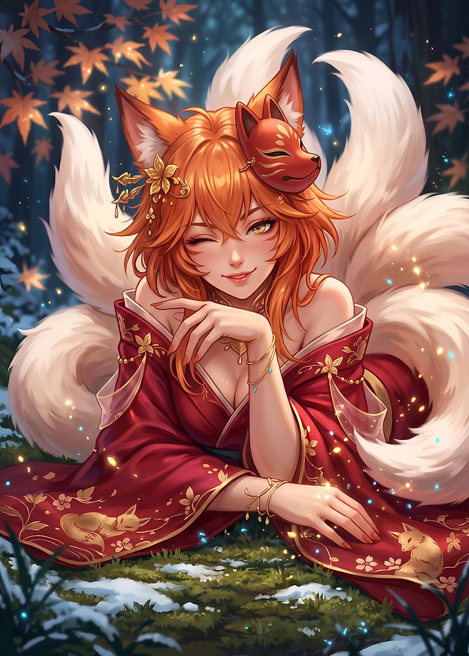 White Tailed Kitsune Spirit in Autumn Snow