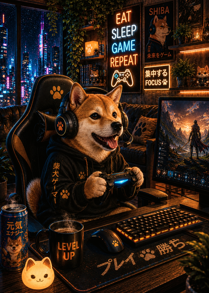 Shiba Inu Gamer in Neon Room