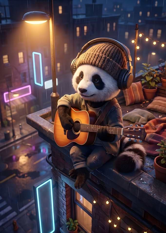 Panda Playing Guitar on Rooftop